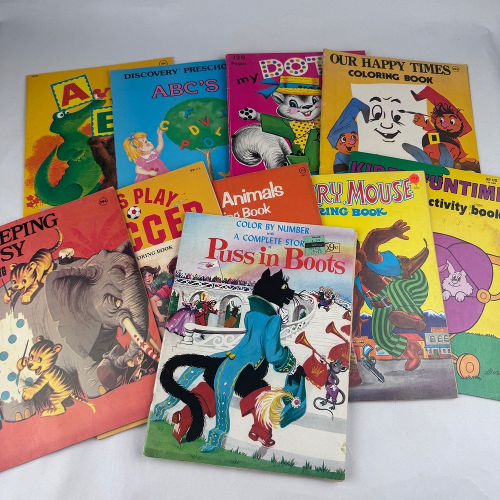 Vintage lot of 10 Coloring Books Activity Books Most Unused